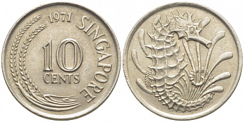 СИНГАПУР 10 ЦЕНТОВ 1971 МОРСКОЙ КОНЕК KM 3 алюминиевая бронза 105-1242