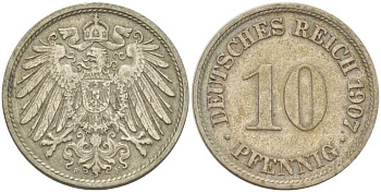 Германия 10 пфеннигов 1907 F KM 12, J. 13, Weege 8 медно-никель 259-923