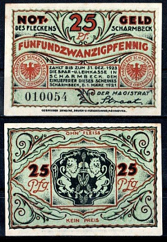 Шармбек (Пруссия, Ганновер) 25 пфеннигов 1921 Mehl Grabowski 1173.3a бумага UNC (пресс) 7553-20-3-2