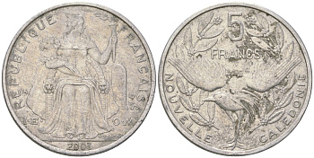 Французская Новая Каледония 5 франков 2003 птица кагу, (IEOM) KM 16, Schoen 12, Lec 81h алюминий 189-636