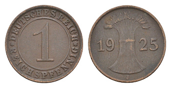 Германия 1 рейхспфенниг 1925 J KM 37, J. 313 бронза 4644-1034