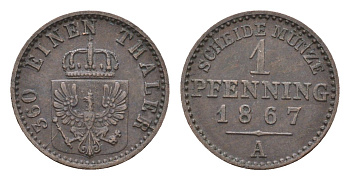Пруссия 1 пфенниг 1867 A, Вильгельм I (1861-1888) KM 480 медь 4151-917