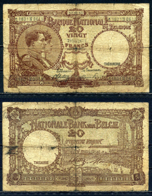 Бельгия 20 франков 1945 19.04.1945, Король Альберт I и его жена Королева Елизавета, Гран-Плас / Гроте Маркт, Брюссель Pick 111 (3) бумага 6301-15-3-2