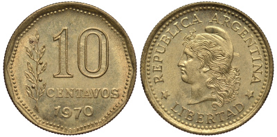 Аргентина 10 сентаво 1970 голова свободы влево KM 66 алюминиевая бронза XF-UNC 4181-218