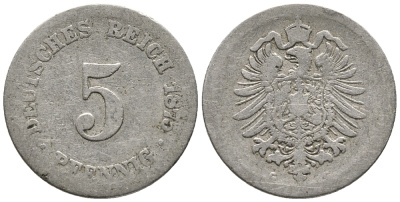 ГЕРМАНИЯ 5 ПФЕННИГОВ 1875 G, СТАРОГЕРБОВКА KM 3, J. 3 медно-никель 39-358