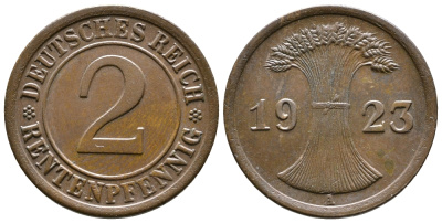 ГЕРМАНИЯ 2 РЕНТЕНПФЕННИГА 1923 A KM 31, J. 307 бронза 71-1132
