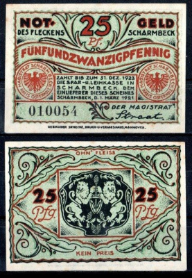 Шармбек (Пруссия, Ганновер) 25 пфеннигов 1921 Mehl Grabowski 1173.3a бумага UNC (пресс) 7553-20-3-2