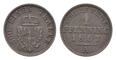 Пруссия 1 пфенниг 1867 A, Вильгельм I (1861-1888) KM 480 медь 4151-917