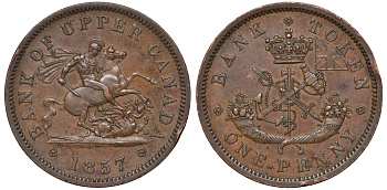Канада 1 пенни 1857 банка Верхней Канады, Upper Canada CCT PC-6C, Breton His 719, KM Tn4 медь 1531-645