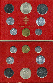 Ватикан набор из 8 монет 1965 1, 2, 5, 10, 20, 50, 100, 500 лир, в оригинальном буклете KM MS69 серебро UNC 8-1-01-01