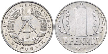 ГДР 1 ПФЕННИГ 1968 А KM 8.1 алюминий 66-357