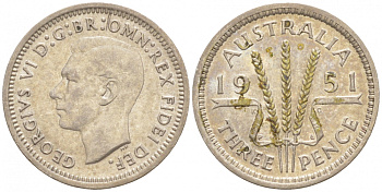 Австралия 3 пенса 1951 PL, Георг VI (1937-1952) KM 44 серебро 3955-1138