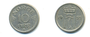 НОРВЕГИЯ 10 ЭРЕ 1955 ХОКОН VII KM 396 медно-никель 89-323