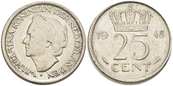 НИДЕРЛАНДЫ 25 ЦЕНТОВ 1948 ВИЛЬГЕЛЬМИНА (1890-1948) KM 177 никель 211-635