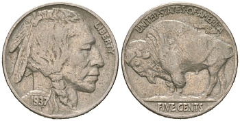 США 5 центов 1937 индеец, бизон KM 134 медно-никель 4614-1264