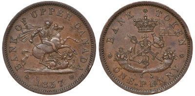 Канада 1 пенни 1857 банка Верхней Канады, Upper Canada CCT PC-6C, Breton His 719, KM Tn4 медь 1531-645