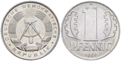 ГДР 1 ПФЕННИГ 1968 А KM 8.1 алюминий 66-357