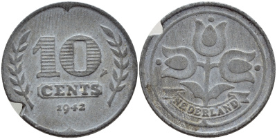 НИДЕРЛАНДЫ 10 ЦЕНТОВ 1942 ВИЛЬГЕЛЬМИНА (1890-1948) БРАК КРУЖКА KM 173 цинк 179-925