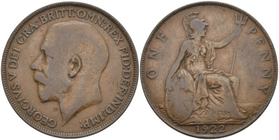 Великобритания 1 пенни 1922 Георг V (1910-1936) KM 810, Spink 4051 бронза 4557-336