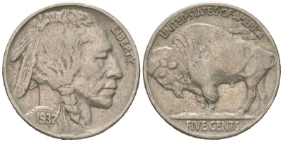 США 5 центов 1937 индеец, бизон KM 134 медно-никель 4614-1264