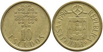ПОРТУГАЛИЯ 10 ЭСКУДО 1990 KM 633 никель латунь 4395-1012