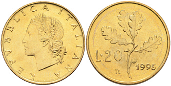 Италия 20 лир 1995 R, дубовый лист KM 97.2 алюминиевая бронза  UNC  4594-1019