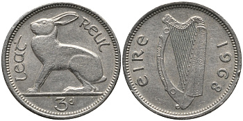 Ирландия 3 пенса 1968 заяц KM 12а медно-никель 4387-1047
