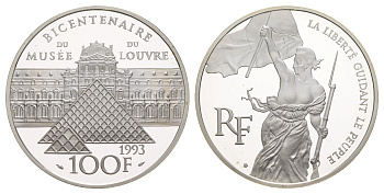 Франция 100 франков 1993 200 лет Лувра, Свобода, Делакруа, в оригинальной коробке, сертификат KM 1018.2 серебро  PROOF  1-6-4-53