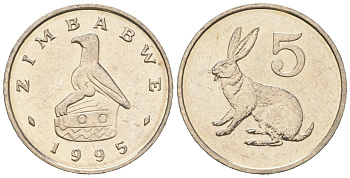 Зимбабве 5 центов 1995 рыжий кролик KM 2 медно-никель UNC 4615-1145