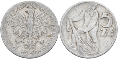 Польша 5 злотых 1959 MW, рыбак KM 47 алюминий 4542-733