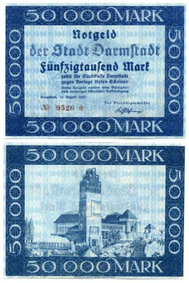 ДАРМШТАДТ, ГЕРМАНИЯ 50000 МАРОК 1923 10 АВГУСТА 1923, НОТГЕЛЬД, ЗЕМЛЯ ГЕССЕН Keller 954а бумага XF+ 8613-28-2-1