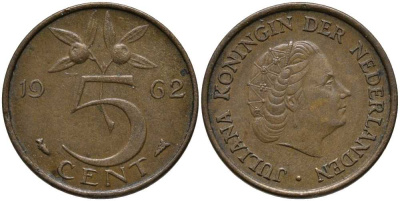 НИДЕРЛАНДЫ 5 ЦЕНТОВ 1962 ЮЛИАНА KM 181 бронза 113-652