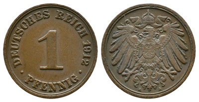 ГЕРМАНИЯ 1 ПФЕННИГ 1912 А KM 10, J.10 медь 4380-115