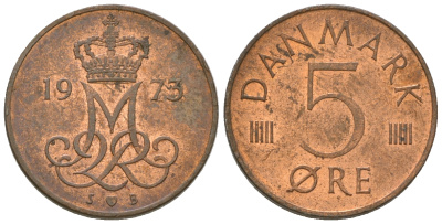 Дания 5 эре 1973 S; B, Маргрете II (1972- ) KM 859.1 железо плакированное медью 4623-367