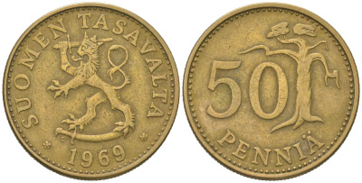 Финляндия 50 пенни 1969 S KM 48 алюминиевая бронза 4577-825