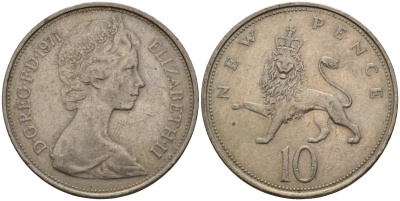 Великобритания 10 пенсов 1971 Елизавета II (1952-2022) KM 912, Spink 4231 (F1) медно-никель 4599-311