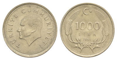 Турция 1000 лир 1991 Кемаль Ататюрк KM 997 медь цинк никель 4648-845