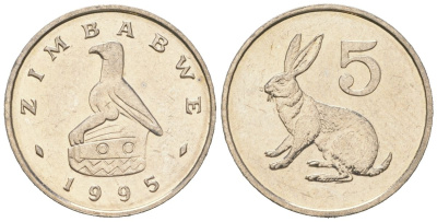 Зимбабве 5 центов 1995 рыжий кролик KM 2 медно-никель UNC 4615-1145