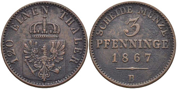 ПРУССИЯ 3 ПФЕННИГА 1867 В, ВИЛЬГЕЛЬМ I (1861-1888) KM 482 медь 117-941