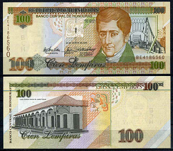 Гондурас 100 лемпира 2004 26 августа 2004, Хосе Сесильо дель Валье, Мост через реку Челутека, дом Валье Pick 77 g бумага UNC (пресс) 447-34-1-2