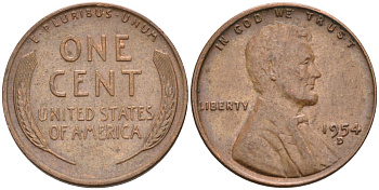 США 1 цент 1954 D, Линкольн KM А132 медь цинк 4115-818