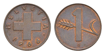 Швейцария 1 раппен 1966 B KM 46 бронза UNC 3458-247