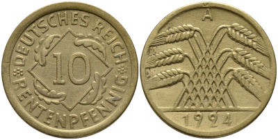 ГЕРМАНИЯ 10 РЕНТЕНПФЕННИГОВ 1924 А KM 33, J. 309, Weege 8 алюминиевая бронза 51-425