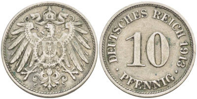 Германия 10 пфеннигов 1913 F KM 12, Jager 13, Weege 8 медно-никель 219-234