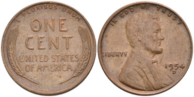 США 1 цент 1954 D, Линкольн KM А132 медь цинк 4115-818