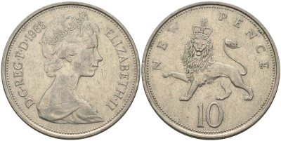 Великобритания 10 пенсов 1968 Елизавета II (1952-2022) KM 912, Spink 4231 (F1) медно-никель 81-1215
