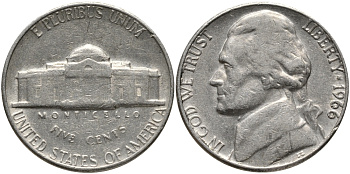 США 5 центов 1966 Джефферсон KM A192 медно-никель 4390-814