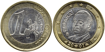 ИСПАНИЯ 1 ЕВРО 2001 ХУАН КАРЛОС I KM 1046 биметалл 4391-223