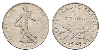 Франция 1 франк 1965 сеятель KM 925 никель 4673-1136