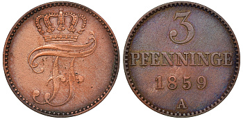 Мекленбург-Шверин 3 пфеннига 1859 A, Фридрих Франц II (1842-1883) KM 310 медь 4525-834